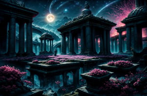 (realism: 1.2), ((volumetric lighting, mesmerizing light, cinematic lighting, lighting, front lighting: 0.5)),Quiet good night. The abandoned ruins of an ancient alien state are faintly illuminated; the soft moonlight spreads beautifully onto the surface. The ancient ruins are covered with moss and an unknown type of pink flowers that shine brightly in the pitch darkness where the moonlight does not reach. An atmosphere of mysticism and horror fills the old ruins of an ancient alien city that has sunk into oblivion. The beautiful night sky emphasizes the fantastic grandeur of the ancient structures. In the distance there is a gigantic statue, covered in cracks and covered with thickets of vines and moss, depicting the ancient god of aliens. Beautiful lighting makes you feel delight and awe from the quiet technologies that they owned