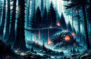 (realism: 1.2), ((volumetric lighting, mesmerizing light, cinematic lighting, lighting, front lighting: 0.5)), Night forest. The alien ship crashed. Parts of the wreckage of an alien ship lie among the pine trees. Smoke, fire, broken trees. fall trench. A dense pine forest through the center of which a river flows. Various flowers glowing with neon light grow at the edges of the river. A light fog adds mystery to the picture.