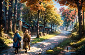 A digital painting of a fantasy village nestled in a dense forest with cobblestone streets. The style is hyperrealistic with warm, golden hour lighting. The camera is at ground level, showcasing the architecture of the village and the lush greenery. Two fantasy characters are walking away from the camera down the center of the street.