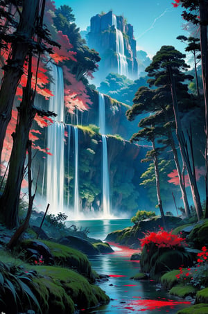 Dark night, cinematic lighting, volumetric lighting, mesmerizing light, frontal light. Futuristic landscape, like from a fairy tale. In the background is a large planet, a soft blue color in the night sky. Visible from the depths of a futuristic forest with a large variety of trees. A river flows through the center of the picture and at the edges there are unusual plants that bloom with red flowers. An unusual area with futuristic ruins and beautiful plants. The moon in the bloody sky illuminates the horrific carnage. Grass, plants, battlefield, moss. A red glow engulfed everything around. A waterfall descends from the mountains, accompanied by flashes of lightning and thunderstorms. Various flowers, covered with drops of blood, sway in the wind.