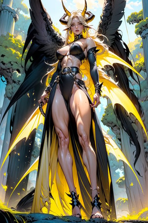 (focus on the whole body, full length, posing, legs and feet visible: 1.6), (((black dangai, black bankai, sekai, yellow aura, horns:1.7), (full height, the whole body is visible: 1.4)), (realistic: 1.4), (3rd person front view:1.5), (((dynamic fight scenes: 1.6)), ((korean girl asian: 1.4), (((bare chest, open top, no clothes, bare chest visible, nude muscle abs: 1.4)), , (((narrow waist: 1.4)), (Extremely Detailed hands and feet: 1.2), ((volumetric lighting, bewitching light, cinematic lighting, lighting, front light: 1.1))), (masterpiece, best quality, super detailed, highly detailed computer illustration: 1.2), , ((((Incredibly beautiful tall succubus girl with a beautiful face that can make men's hearts beat, (yellow long locks, yellow long braid:1.2), bangs, demon wings, fairy wings, pointed ears, beautiful revealing outfit with bare big round breasts, a collar made of a belt on her neck, bare shoulders, belts on her body, bare muscular abs, neon glowing neon handcuffs, borana horns, glowing wings, exquisite revealing clothes, shoes, beautiful exquisite jewelry, lightning sparkles from her body, flashes of lightning: 1.5),), (red theme:1.5),(Morning forest with a beautiful view of the lake. A great variety of vegetation and flowers shimmer beautifully in the light. Moss on wet stones gives a monochrome look to a fabulous place. Beautiful forest morning haze and damp cool air create a feeling of freshness. Beautiful lush trees stand gracefully and the morning sun penetrates through the crown, illuminating and warming the foliage after a cool summer night. Beautiful grass with drops of dew. Beautiful flowers and vines hang from stone ruins spread out by the lake. Beautiful lighting creates an unprecedented view. The morning sky with lots of clouds and a large planet in the background create a fantastic view that takes your breath away. The morning fog softly falls over the lake: 1.2),