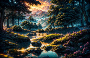 ((volumetric lighting, bewitching light, cinematic lighting, lighting, front light: 1.1))), (masterpiece, best quality, super detailed, highly detailed computer illustration: 1.2),Morning forest with a beautiful view of the lake. A great variety of vegetation and flowers shimmer beautifully in the light. Moss on wet stones gives a monochrome look to a fabulous place. Beautiful forest morning haze and damp cool air create a feeling of freshness. Beautiful lush trees stand gracefully and the morning sun penetrates through the crown, illuminating and warming the foliage after a cool summer night. Beautiful grass with drops of dew. Beautiful flowers and vines hang from stone ruins spread out by the lake. Beautiful lighting creates an unprecedented view. The morning sky with lots of clouds and a large planet in the background create a fantastic view that takes your breath away. The morning fog softly falls over the lake.