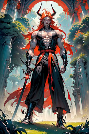 (focus on the whole body, full length, posing, legs and feet visible: 1.6), (((black dangai, black bankai, sekai, holding a sword in his hand, horns:1.7), (realistic: 1.4), (3rd person front view:1.5), (( male boy korean asian: 1.4), ((Ichigo Kurosaki/Zangetsu: 1.7)), (((narrow waist: 1.4)), (Extremely Detailed hands and feet: 1.2), ((volumetric lighting, bewitching light, cinematic lighting, lighting, front light: 1.1))), (masterpiece, best quality, super detailed, highly detailed computer illustration: 1.2), ((tall, muscular Asian build, full body visible, red glowing eyes, orange hair, orange long hair, young guy about 30 years old, walking, posing in a black leather coat with cut off sleeves, bare shoulders and arms, in black tight pants, black dangai, black bankai, horns, muscular thighs, boots, stylishly dressed, Zangetsu style clothing, pendant, bracelets, with bare muscular chest and abs, large scar on abs, aura, energy, beam, standing, smoke, energy, lightning: 1.5), (red theme:1.5), (Night forest with a beautiful view of the lake. A wide variety of vegetation and flowers shimmer beautifully in the light. Moss on wet stones gives a monochrome look to a fabulous place. Beautiful forest night haze and damp cool air create a feeling of freshness. Beautiful lush trees stand gracefully and the morning sun penetrates through the crown, illuminating and warming the foliage after a cool summer night. Beautiful grass with drops of dew. Beautiful flowers and vines hang from stone ruins spread out by the lake. Beautiful lighting creates an unprecedented view. The morning sky with lots of clouds and a large planet in the background create a fantastic view that takes your breath away. The morning fog softly falls over the lake: 1.2),