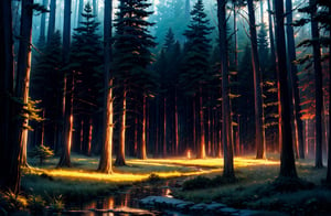 (Masterpiece: 1.3), (Best Quality: 1.3), night sky, pine forest, path, fern, wet earth, cinematic, atmospheric, breathtaking sunsets, ethereal lighting, stunning colors, 8K, mystical, cinematic lighting, dynamic lighting, Octane Render, landscape photography by Mark Adamus.