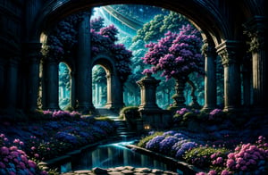 Night garden of an ancient castle. Beautifully lit with old fluorescent lamps. The large area is covered with many different flowers. Lush flowering trees grow on which soft moonlight falls. A beautiful path leads through an arch of plants through which the soft blue rays of the night sky randomly break through. There is a stream in the center of the garden
