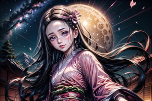 Full body image of Nezuko Kamado, perfect face, perfectly detailed lips, small smile, perfect details, detailed eyes, dynamic pose:1.4), best quality, 8k, masterpiece, photorealistic, HDR.

(Night landscape with full moon and sakura petals:1.3).
-, very long hair, ribbon,pink ribbon, pink kimono,pink eyes, multicolored hair,japanese clothes, hair ribbon,forehead, black hair, 1girl,nezuko