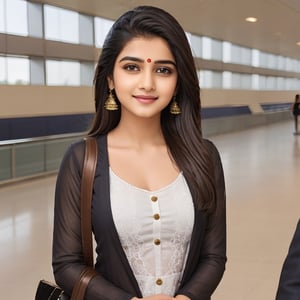 super cute Indian woman, Indian suit with, black, simple smily face, on airport