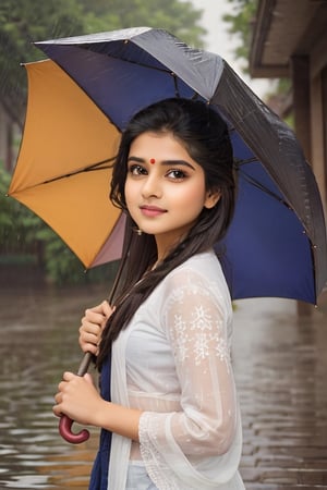 super cute Indian woman, colorful_hair, umbrella, rain 