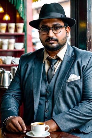 real Indian man, dark thin hair,  faceless, profile, fatty, gentle, formal cloths, wearing hat and glasses like a property dealer, sitting in coffie shop, standing looking in to the camera