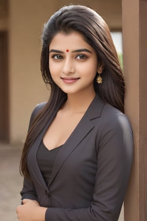super cute Indian woman, smiling face black suit