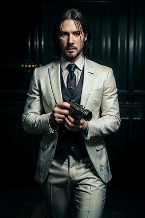 ((Panoramic and open wide shot)), masterpiece, excellent quality, 
perfect hands,epic running fast shooting machine gun with flames, photo realistic "John Wick", singing with gun ((wearing a bright white suit and guitar in the shape of a machine gun and singing into a microphone))
different weapons
knives, katanas, submachine guns, grenades, in a shootout with other men, thriller style, aggressive pose, modern black and white Gucci suit, armed gun, photorealistic, highly detailed, blurry photo, intricate, incredibly detailed, super detailed, gangster texture, detailed , crazy, soft lights and shadows