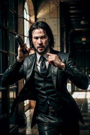 open wide shot, masterpiece, excellent quality, running fast shooting machine gun with flames, photo realistic Keanu Reeves John Wick with pistol and machine gun , thriller style, aggressive pose, modern black and white Gucci suit, armed gun, photorealistic, highly detailed, blurry photo, intricate, incredibly detailed, super detailed, gangster texture, detailed , crazy, soft lights and shadows