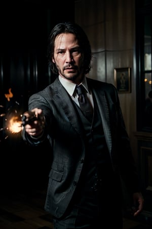 masterpiece, excellent quality, running shooting guns with flame, photo realistic Keanu Reeves John Wick with , thriller style, aggressive pose, modern black and white Gucci suit, armed gun, photorealistic, highly detailed, blurry photo, intricate, incredibly detailed, super detailed, gangster texture, detailed , crazy, soft lights and shadows