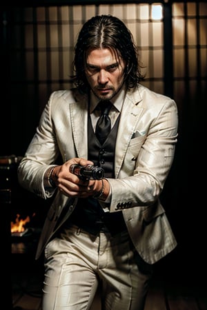 ((Panoramic and open wide shot)), masterpiece, excellent quality, 
perfect hands,epic running fast shooting machine gun with flames, photo realistic "John Wick", singing with gun (wearing a bright white suit and guitar in the shape of a machine gun and singing into a microphone)
different weapons
knives, katanas, submachine guns, grenades, in a shootout with other men, thriller style, aggressive pose, modern black and white Gucci suit, armed gun, photorealistic, highly detailed, blurry photo, intricate, incredibly detailed, super detailed, gangster texture, detailed , crazy, soft lights and shadows
