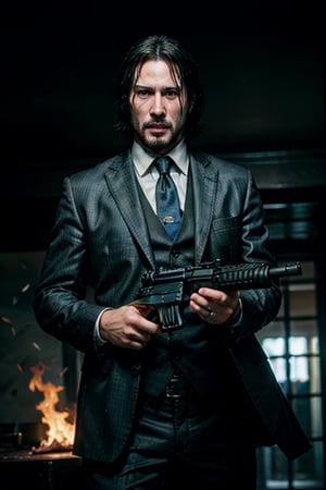 open wide shot, masterpiece, excellent quality, 
perfect hands,epic running fast shooting machine gun with flames, photo realistic Keanu Reeves John Wick with pistol and machine gun , thriller style, aggressive pose, modern black and white Gucci suit, armed gun, photorealistic, highly detailed, blurry photo, intricate, incredibly detailed, super detailed, gangster texture, detailed , crazy, soft lights and shadows