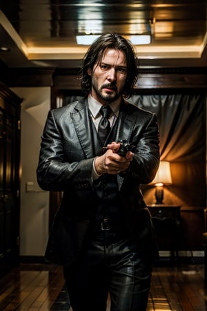 open wide shot, masterpiece, excellent quality, 
perfect hands,epic running fast shooting machine gun with flames, photo realistic Keanu Reeves John Wick with pistol and machine gun , thriller style, aggressive pose, modern black and white Gucci suit, armed gun, photorealistic, highly detailed, blurry photo, intricate, incredibly detailed, super detailed, gangster texture, detailed , crazy, soft lights and shadows