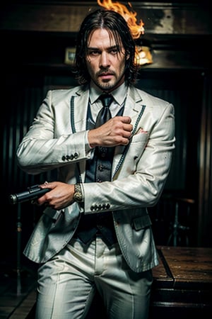 ((Panoramic and open wide shot)), masterpiece, excellent quality, 
perfect hands,epic running fast shooting machine gun with flames, photo realistic "John Wick", singing ((wearing a bright white suit and guitar and singing into a microphone))
different weapons
knives, katanas, submachine guns, grenades, in a shootout with other men, thriller style, aggressive pose, modern black and white Gucci suit, armed gun, photorealistic, highly detailed, blurry photo, intricate, incredibly detailed, super detailed, gangster texture, detailed , crazy, soft lights and shadows