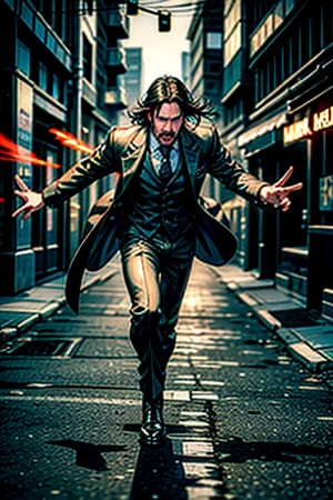 open wide shot, masterpiece, excellent quality, 
perfect hands,epic running fast shooting machine gun with flames, photo realistic Keanu Reeves John Wick with pistol and machine gun , thriller style, aggressive pose, modern black and white Gucci suit, armed gun, photorealistic, highly detailed, blurry photo, intricate, incredibly detailed, super detailed, gangster texture, detailed , crazy, soft lights and shadows