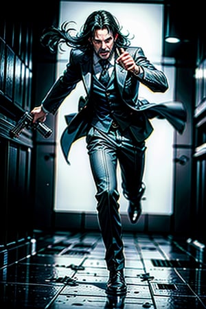 open wide shot, masterpiece, excellent quality, 
perfect hands,epic running fast shooting machine gun with flames, photo realistic Keanu Reeves John Wick with pistol and machine gun , thriller style, aggressive pose, modern black and white Gucci suit, armed gun, photorealistic, highly detailed, blurry photo, intricate, incredibly detailed, super detailed, gangster texture, detailed , crazy, soft lights and shadows