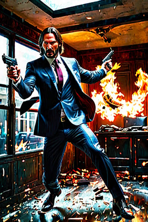  ((Panoramic and open wide shot)), masterpiece, excellent quality, perfect hands,epic running fast, epic jumping  breaking the glass through a window, shooting machine gun with flames, photo realistic "John Wick", with pistol and machine gun , different weapons knives, katanas, submachine guns, grenades, in a shootout with other men, thriller style, aggressive pose, modern black and white Gucci suit, armed gun, photorealistic, highly detailed, blurry photo, intricate, incredibly detailed, super detailed, gangster texture, detailed , crazy, soft lights and shadows,Summer