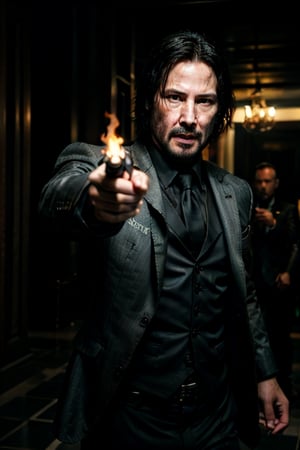 open wide shot, masterpiece, excellent quality, running fast shooting 2 guns with flame, photo realistic Keanu Reeves John Wick with pistol and machine gun , thriller style, aggressive pose, modern black and white Gucci suit, armed gun, photorealistic, highly detailed, blurry photo, intricate, incredibly detailed, super detailed, gangster texture, detailed , crazy, soft lights and shadows