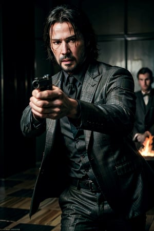 open wide shot, masterpiece, excellent quality, 
perfect hands,epic running fast shooting machine gun with flames, photo realistic Keanu Reeves John Wick with pistol and machine gun , thriller style, aggressive pose, modern black and white Gucci suit, armed gun, photorealistic, highly detailed, blurry photo, intricate, incredibly detailed, super detailed, gangster texture, detailed , crazy, soft lights and shadows