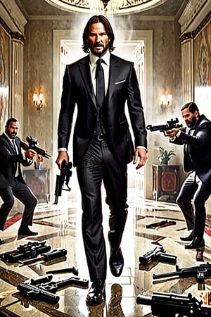 ((movie cover)) in Hotel Continental ((Panoramic and open wide shot)), masterpiece, excellent quality, perfect hands, epic jumping , killing gunmen, shooting machine gun, photo realistic "John Wick", with pistol and machine gun , different weapons knives, katanas, submachine guns, grenades, in a shootout with other men, thriller style, aggressive pose, modern black and white Gucci suit, armed gun, photorealistic, highly detailed, blurry photo, intricate, incredibly detailed, super detailed, gangster texture, detailed , crazy, soft lights and shadows,Summer,more detail XL