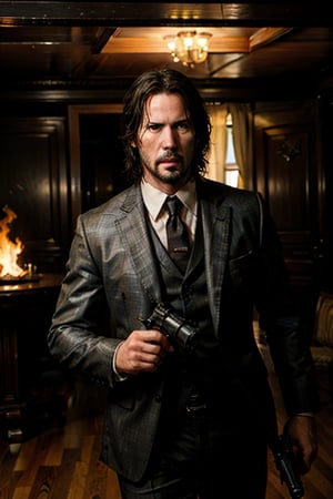 open wide shot, masterpiece, excellent quality, 
perfect hands,epic running fast shooting machine gun with flames, photo realistic Keanu Reeves John Wick with pistol and machine gun , thriller style, aggressive pose, modern black and white Gucci suit, armed gun, photorealistic, highly detailed, blurry photo, intricate, incredibly detailed, super detailed, gangster texture, detailed , crazy, soft lights and shadows