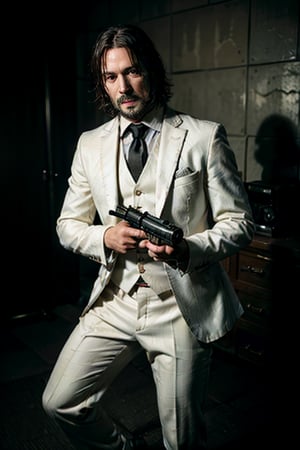 ((Panoramic and open wide shot)), masterpiece, excellent quality, 
perfect hands,epic running fast shooting machine gun with flames, photo realistic "John Wick", singing with gun ((wearing a bright white suit and guitar in the shape of a machine gun and singing into a microphone))
different weapons
knives, katanas, submachine guns, grenades, in a shootout with other men, thriller style, aggressive pose, modern black and white Gucci suit, armed gun, photorealistic, highly detailed, blurry photo, intricate, incredibly detailed, super detailed, gangster texture, detailed , crazy, soft lights and shadows