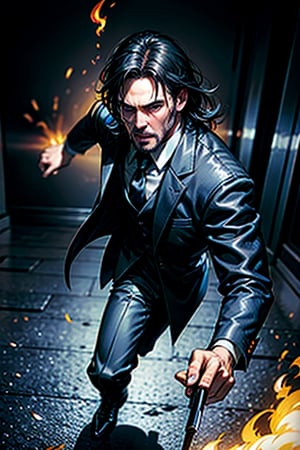 open wide shot, masterpiece, excellent quality, 
perfect hands,epic running fast shooting machine gun with flames, photo realistic Keanu Reeves John Wick with pistol and machine gun , thriller style, aggressive pose, modern black and white Gucci suit, armed gun, photorealistic, highly detailed, blurry photo, intricate, incredibly detailed, super detailed, gangster texture, detailed , crazy, soft lights and shadows