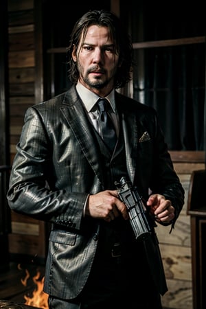 open wide shot, masterpiece, excellent quality, 
perfect hands,epic running fast shooting machine gun with flames, photo realistic Keanu Reeves John Wick with pistol and machine gun , thriller style, aggressive pose, modern black and white Gucci suit, armed gun, photorealistic, highly detailed, blurry photo, intricate, incredibly detailed, super detailed, gangster texture, detailed , crazy, soft lights and shadows