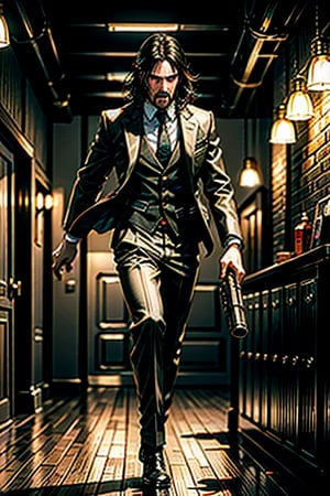 open wide shot, masterpiece, excellent quality, 
perfect hands,epic running fast shooting machine gun with flames, photo realistic Keanu Reeves John Wick with pistol and machine gun , thriller style, aggressive pose, modern black and white Gucci suit, armed gun, photorealistic, highly detailed, blurry photo, intricate, incredibly detailed, super detailed, gangster texture, detailed , crazy, soft lights and shadows