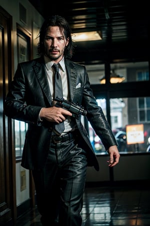 open wide shot, masterpiece, excellent quality, 
perfect hands,epic running fast shooting machine gun with flames, photo realistic Keanu Reeves John Wick with pistol and machine gun , thriller style, aggressive pose, modern black and white Gucci suit, armed gun, photorealistic, highly detailed, blurry photo, intricate, incredibly detailed, super detailed, gangster texture, detailed , crazy, soft lights and shadows