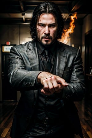 open wide shot, masterpiece, excellent quality, 
perfect hands,epic running fast shooting machine gun with flames, photo realistic Keanu Reeves John Wick with pistol and machine gun , thriller style, aggressive pose, modern black and white Gucci suit, armed gun, photorealistic, highly detailed, blurry photo, intricate, incredibly detailed, super detailed, gangster texture, detailed , crazy, soft lights and shadows