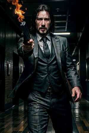 open wide shot, masterpiece, excellent quality, 
perfect hands,epic running fast shooting machine gun with flames, photo realistic Keanu Reeves John Wick with pistol and machine gun , thriller style, aggressive pose, modern black and white Gucci suit, armed gun, photorealistic, highly detailed, blurry photo, intricate, incredibly detailed, super detailed, gangster texture, detailed , crazy, soft lights and shadows