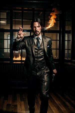 open wide shot, masterpiece, excellent quality, 
perfect hands,epic running fast shooting machine gun with flames, photo realistic Keanu Reeves John Wick with pistol and machine gun , thriller style, aggressive pose, modern black and white Gucci suit, armed gun, photorealistic, highly detailed, blurry photo, intricate, incredibly detailed, super detailed, gangster texture, detailed , crazy, soft lights and shadows