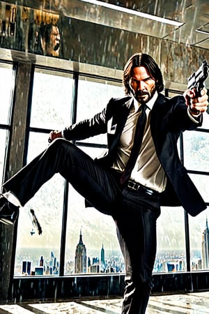 ((movie cover)) in Hotel Continental ((Panoramic and open wide shot)), masterpiece, excellent quality, perfect hands, epic jumping  breaking the glass through a window, killing gunmen, shooting machine gun, photo realistic "John Wick", with pistol and machine gun , different weapons knives, katanas, submachine guns, grenades, in a shootout with other men, thriller style, aggressive pose, modern black and white Gucci suit, armed gun, photorealistic, highly detailed, blurry photo, intricate, incredibly detailed, super detailed, gangster texture, detailed , crazy, soft lights and shadows,Summer