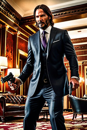 ((movie cover)) in Hotel Continental ((Panoramic and open wide shot)), masterpiece, excellent quality, perfect hands, epic jumping , killing gunmen, shooting machine gun, photo realistic "John Wick", with pistol and machine gun , different weapons knives, katanas, submachine guns, grenades, in a shootout with other men, thriller style, aggressive pose, modern black and white Gucci suit, armed gun, photorealistic, highly detailed, blurry photo, intricate, incredibly detailed, super detailed, gangster texture, detailed , crazy, soft lights and shadows,Summer,more detail XL