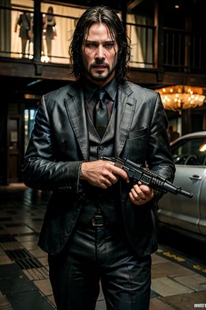 ((Panoramic and open wide shot)), masterpiece, excellent quality, 
perfect hands,epic running fast shooting machine gun with flames, photo realistic Keanu Reeves John Wick with pistol and machine gun , 
different weapons
knives, katanas, submachine guns, grenades, in a shootout with other men, thriller style, aggressive pose, modern black and white Gucci suit, armed gun, photorealistic, highly detailed, blurry photo, intricate, incredibly detailed, super detailed, gangster texture, detailed , crazy, soft lights and shadows