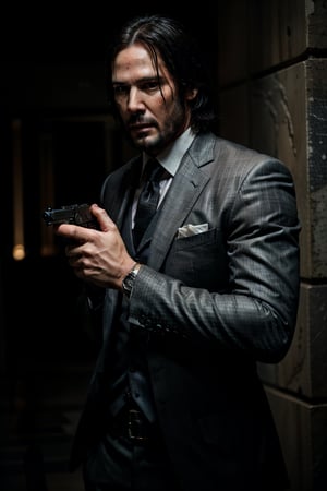 masterpiece, excellent quality, 8k, photo realistic man john wick with , thriller style, aggressive pose, modern black and white Gucci suit, armed gun, photorealistic, highly detailed, blurry photo, intricate, incredibly detailed, super detailed, gangster texture, detailed , crazy, soft lights and shadows