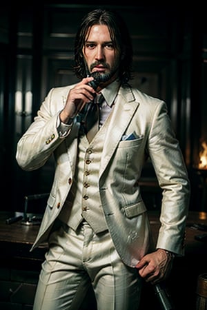 ((Panoramic and open wide shot)), masterpiece, excellent quality, 
perfect hands,epic running fast shooting machine gun with flames, photo realistic "John Wick", shooting a gun ((singing wearing a bright white suit and guitar and singing into a microphone))
different weapons
knives, katanas, submachine guns, grenades, in a shootout with other men, thriller style, aggressive pose, modern black and white Gucci suit, armed gun, photorealistic, highly detailed, blurry photo, intricate, incredibly detailed, super detailed, gangster texture, detailed , crazy, soft lights and shadows