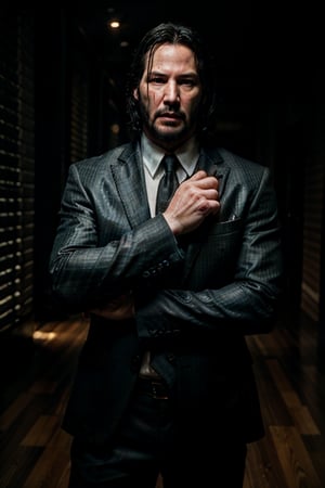 masterpiece, excellent quality, 8k, photo realistic Keanu Reeves John Wick with , thriller style, aggressive pose, modern black and white Gucci suit, armed gun, photorealistic, highly detailed, blurry photo, intricate, incredibly detailed, super detailed, gangster texture, detailed , crazy, soft lights and shadows