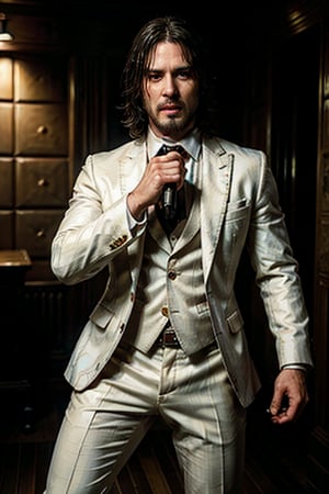 ((Panoramic and open wide shot)), masterpiece, excellent quality, 
perfect hands,epic running fast shooting machine gun with flames, photo realistic "John Wick", singing ((wearing a bright white suit and guitar and singing into a microphone))
different weapons
knives, katanas, submachine guns, grenades, in a shootout with other men, thriller style, aggressive pose, modern black and white Gucci suit, armed gun, photorealistic, highly detailed, blurry photo, intricate, incredibly detailed, super detailed, gangster texture, detailed , crazy, soft lights and shadows