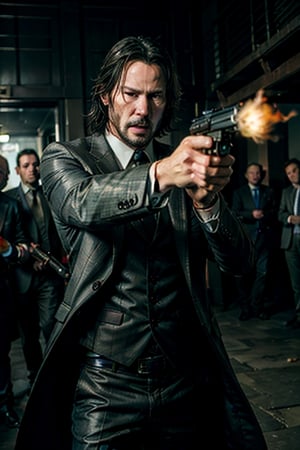 ((Panoramic and open wide shot)), masterpiece, excellent quality, 
perfect hands,epic running fast shooting machine gun with flames, photo realistic Keanu Reeves John Wick with pistol and machine gun , 
different weapons
knives, katanas, submachine guns, grenades, in a shootout with other men, thriller style, aggressive pose, modern black and white Gucci suit, armed gun, photorealistic, highly detailed, blurry photo, intricate, incredibly detailed, super detailed, gangster texture, detailed , crazy, soft lights and shadows