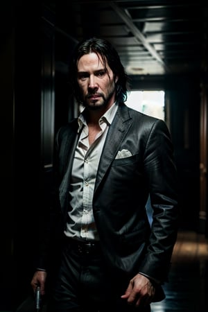 masterpiece, excellent quality, 8k, photo realistic Keanu Reeves John Wick with , thriller style, aggressive pose, modern black and white Gucci suit, armed gun, photorealistic, highly detailed, blurry photo, intricate, incredibly detailed, super detailed, gangster texture, detailed , crazy, soft lights and shadows