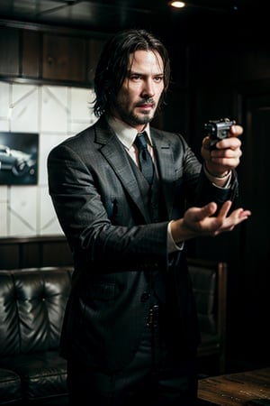 open wide shot, masterpiece, excellent quality, 
perfect hands,epic running fast shooting machine gun with flames, photo realistic Keanu Reeves John Wick with pistol and machine gun , thriller style, aggressive pose, modern black and white Gucci suit, armed gun, photorealistic, highly detailed, blurry photo, intricate, incredibly detailed, super detailed, gangster texture, detailed , crazy, soft lights and shadows