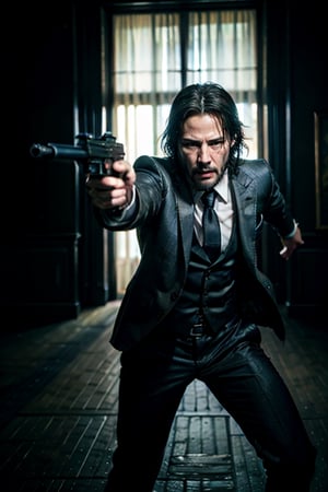 open wide shot, masterpiece, excellent quality, running fast shooting machine gun with flames, photo realistic Keanu Reeves John Wick with pistol and machine gun , thriller style, aggressive pose, modern black and white Gucci suit, armed gun, photorealistic, highly detailed, blurry photo, intricate, incredibly detailed, super detailed, gangster texture, detailed , crazy, soft lights and shadows