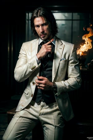 ((Panoramic and open wide shot)), masterpiece, excellent quality, 
perfect hands,epic running fast shooting machine gun with flames, photo realistic "John Wick", with gun (wearing a bright white suit and guitar in the shape of a machine gun and singing into a microphone)
different weapons
knives, katanas, submachine guns, grenades, in a shootout with other men, thriller style, aggressive pose, modern black and white Gucci suit, armed gun, photorealistic, highly detailed, blurry photo, intricate, incredibly detailed, super detailed, gangster texture, detailed , crazy, soft lights and shadows