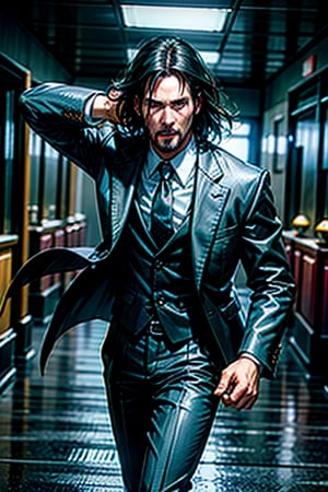 open wide shot, masterpiece, excellent quality, 
perfect hands,epic running fast shooting machine gun with flames, photo realistic Keanu Reeves John Wick with pistol and machine gun , thriller style, aggressive pose, modern black and white Gucci suit, armed gun, photorealistic, highly detailed, blurry photo, intricate, incredibly detailed, super detailed, gangster texture, detailed , crazy, soft lights and shadows