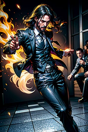 open wide shot, masterpiece, excellent quality, 
perfect hands,epic running fast shooting machine gun with flames, photo realistic Keanu Reeves John Wick with pistol and machine gun , thriller style, aggressive pose, modern black and white Gucci suit, armed gun, photorealistic, highly detailed, blurry photo, intricate, incredibly detailed, super detailed, gangster texture, detailed , crazy, soft lights and shadows